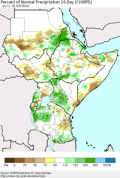 Eastern Africa Percent of Normal Precipitation 10-Day (CHIRPS) Thematic Map For 6/11/2020 - 6/20/2020