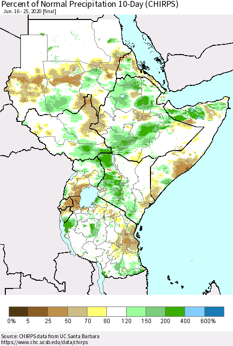 Eastern Africa Percent of Normal Precipitation 10-Day (CHIRPS) Thematic Map For 6/16/2020 - 6/25/2020