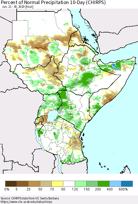 Eastern Africa Percent of Normal Precipitation 10-Day (CHIRPS) Thematic Map For 6/21/2020 - 6/30/2020