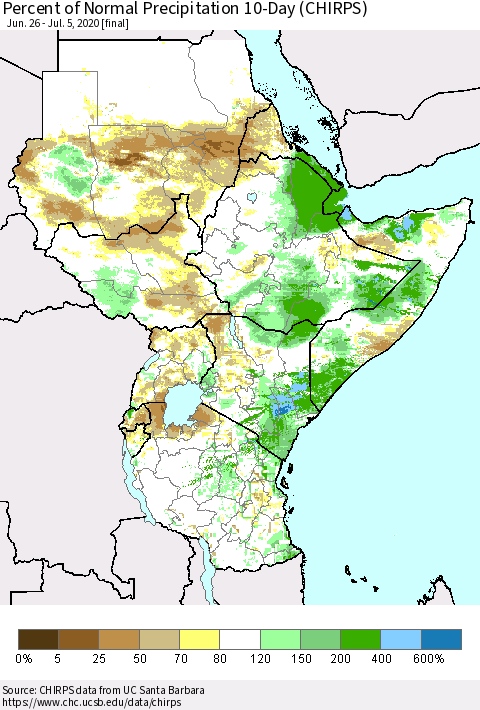 Eastern Africa Percent of Normal Precipitation 10-Day (CHIRPS) Thematic Map For 6/26/2020 - 7/5/2020