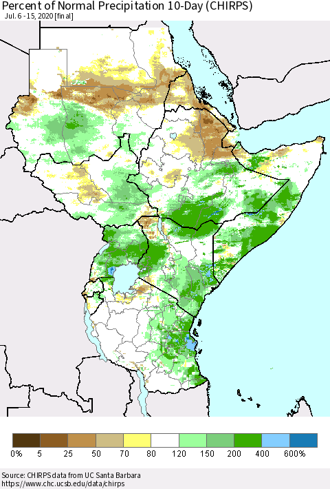 Eastern Africa Percent of Normal Precipitation 10-Day (CHIRPS) Thematic Map For 7/6/2020 - 7/15/2020