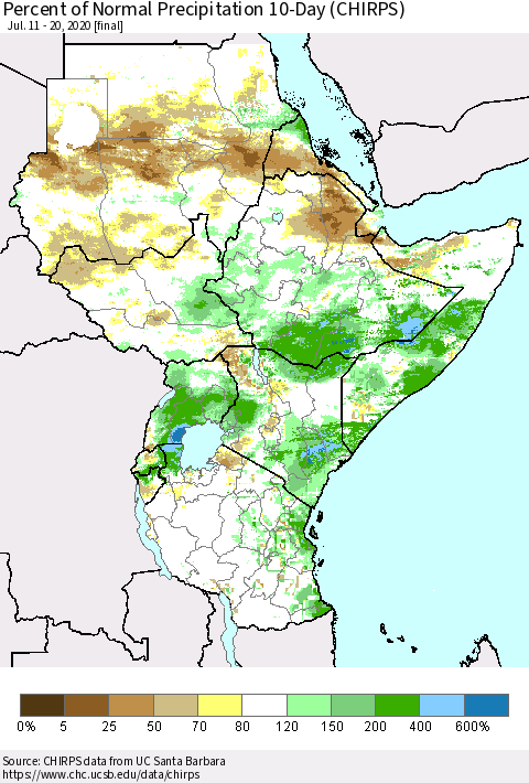 Eastern Africa Percent of Normal Precipitation 10-Day (CHIRPS) Thematic Map For 7/11/2020 - 7/20/2020