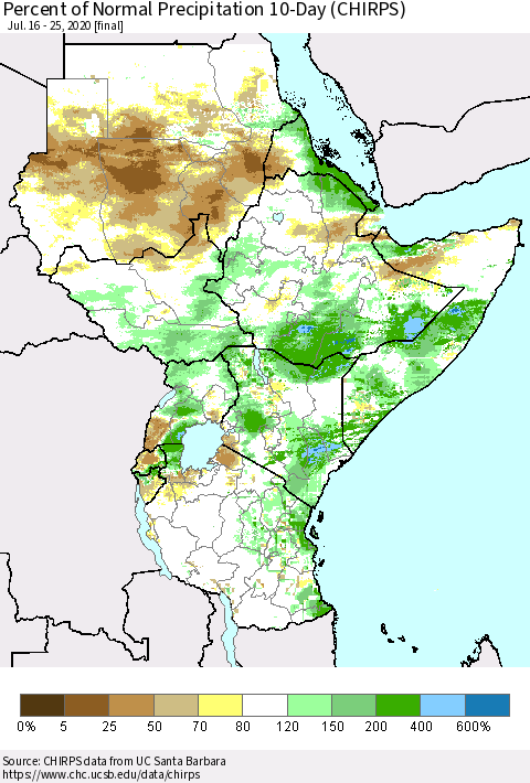 Eastern Africa Percent of Normal Precipitation 10-Day (CHIRPS) Thematic Map For 7/16/2020 - 7/25/2020