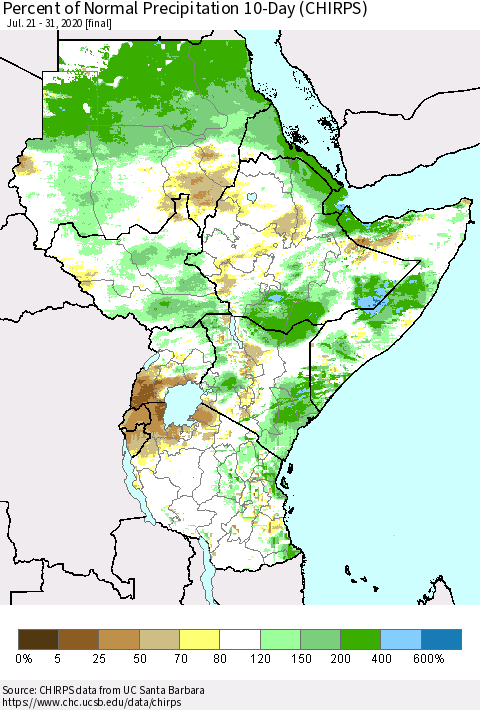 Eastern Africa Percent of Normal Precipitation 10-Day (CHIRPS) Thematic Map For 7/21/2020 - 7/31/2020