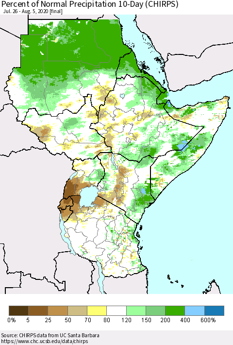 Eastern Africa Percent of Normal Precipitation 10-Day (CHIRPS) Thematic Map For 7/26/2020 - 8/5/2020