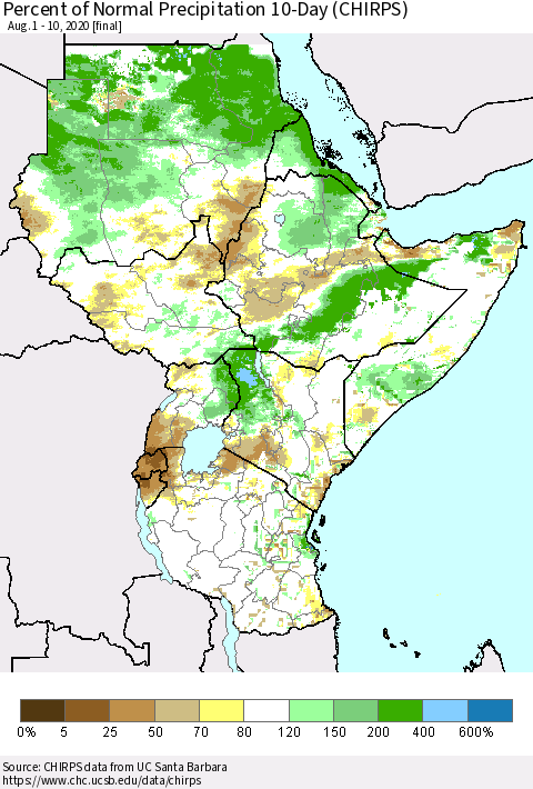 Eastern Africa Percent of Normal Precipitation 10-Day (CHIRPS) Thematic Map For 8/1/2020 - 8/10/2020