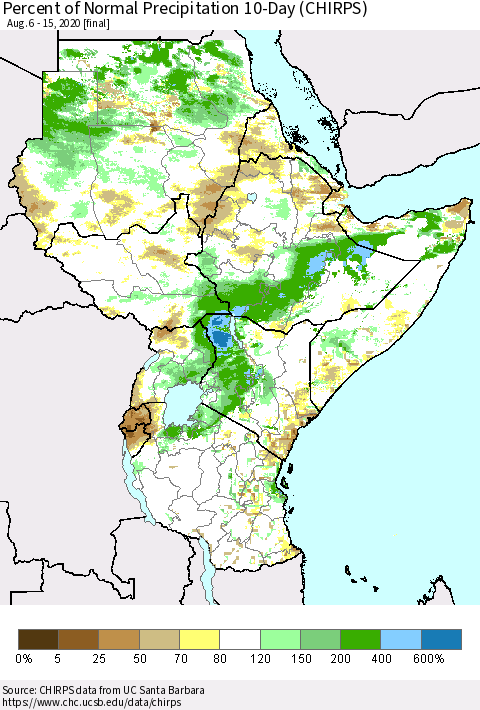 Eastern Africa Percent of Normal Precipitation 10-Day (CHIRPS) Thematic Map For 8/6/2020 - 8/15/2020