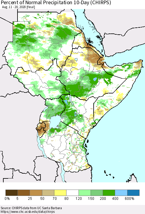 Eastern Africa Percent of Normal Precipitation 10-Day (CHIRPS) Thematic Map For 8/11/2020 - 8/20/2020