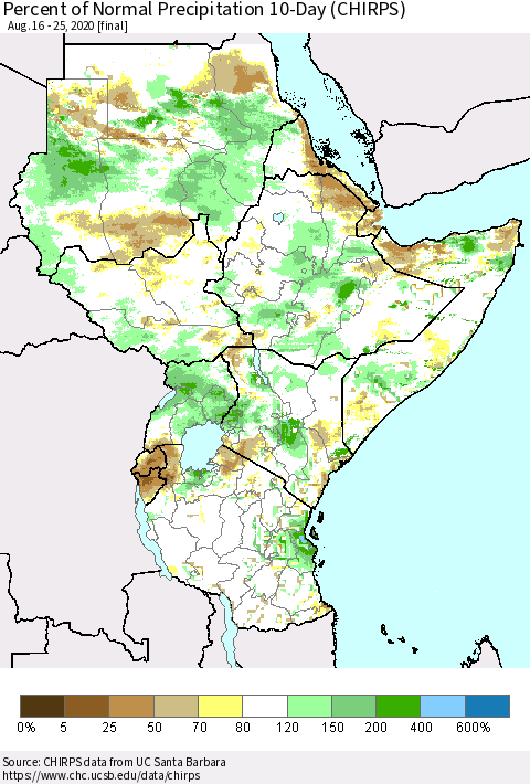 Eastern Africa Percent of Normal Precipitation 10-Day (CHIRPS) Thematic Map For 8/16/2020 - 8/25/2020