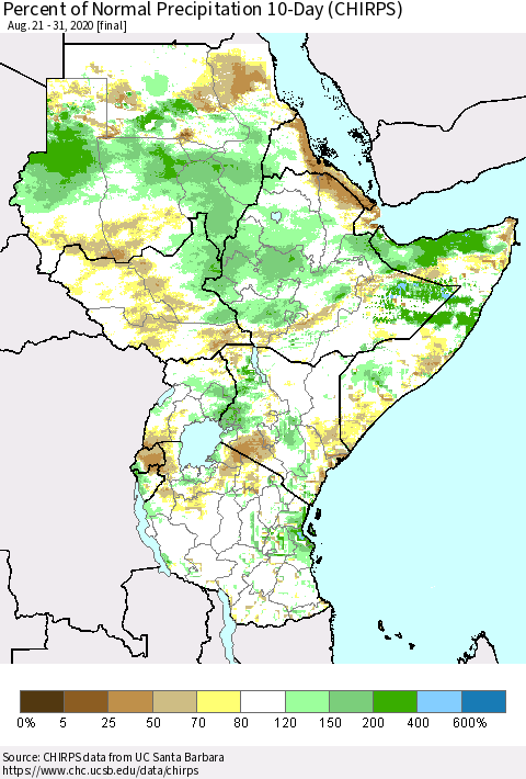 Eastern Africa Percent of Normal Precipitation 10-Day (CHIRPS) Thematic Map For 8/21/2020 - 8/31/2020