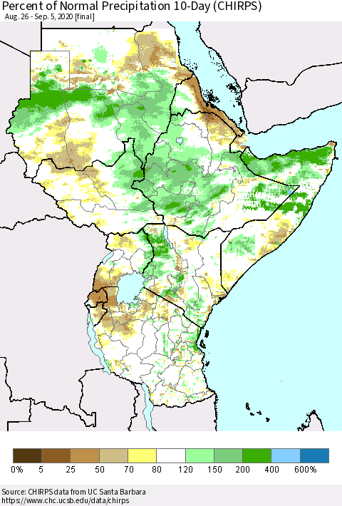 Eastern Africa Percent of Normal Precipitation 10-Day (CHIRPS) Thematic Map For 8/26/2020 - 9/5/2020