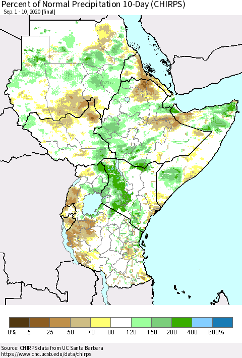 Eastern Africa Percent of Normal Precipitation 10-Day (CHIRPS) Thematic Map For 9/1/2020 - 9/10/2020