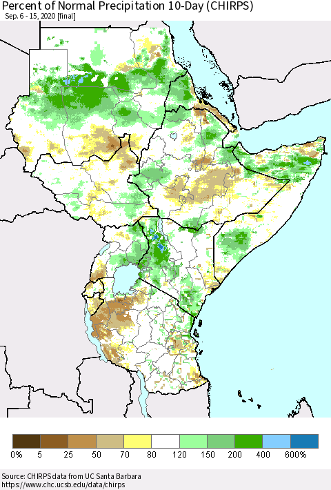 Eastern Africa Percent of Normal Precipitation 10-Day (CHIRPS) Thematic Map For 9/6/2020 - 9/15/2020
