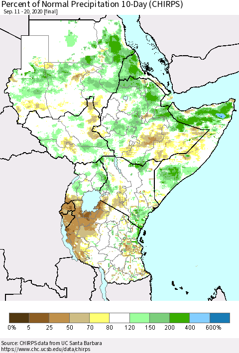 Eastern Africa Percent of Normal Precipitation 10-Day (CHIRPS) Thematic Map For 9/11/2020 - 9/20/2020