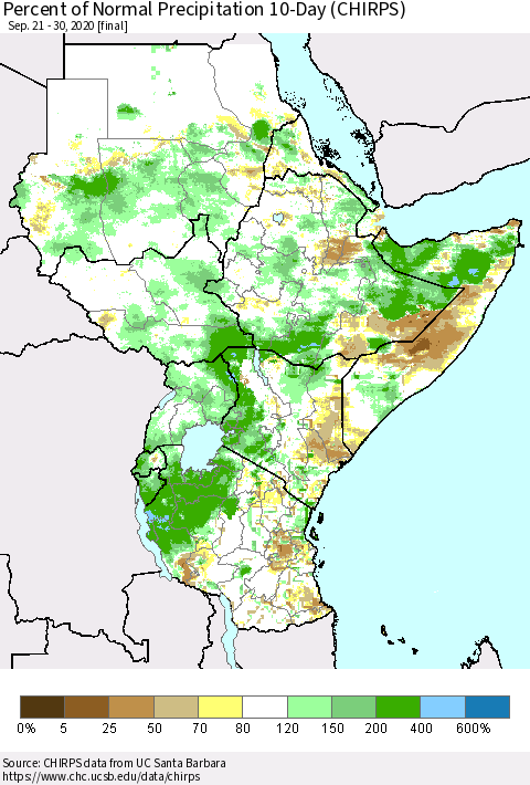 Eastern Africa Percent of Normal Precipitation 10-Day (CHIRPS) Thematic Map For 9/21/2020 - 9/30/2020