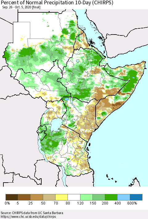 Eastern Africa Percent of Normal Precipitation 10-Day (CHIRPS) Thematic Map For 9/26/2020 - 10/5/2020