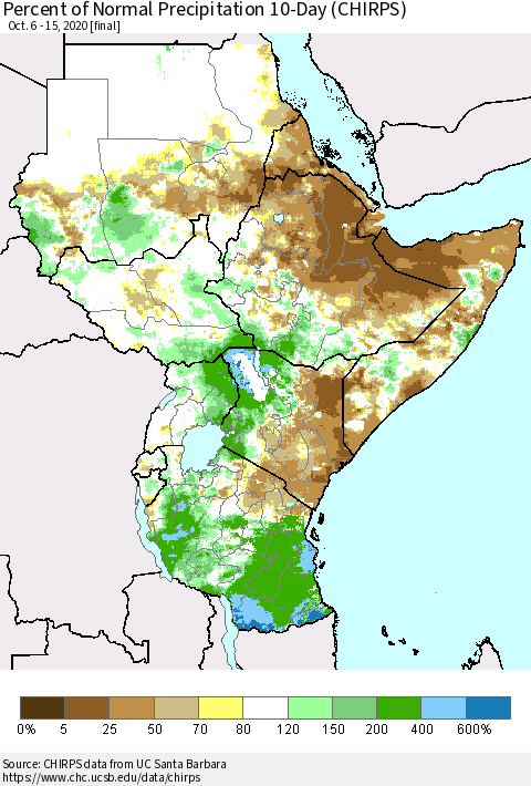 Eastern Africa Percent of Normal Precipitation 10-Day (CHIRPS) Thematic Map For 10/6/2020 - 10/15/2020