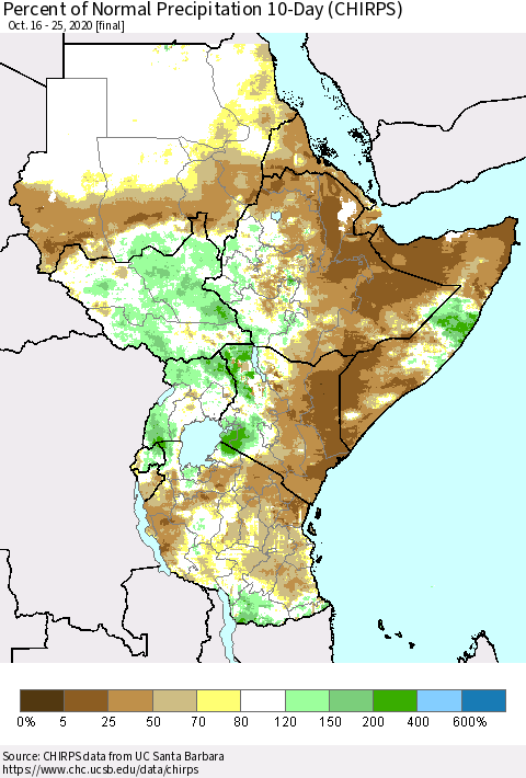 Eastern Africa Percent of Normal Precipitation 10-Day (CHIRPS) Thematic Map For 10/16/2020 - 10/25/2020