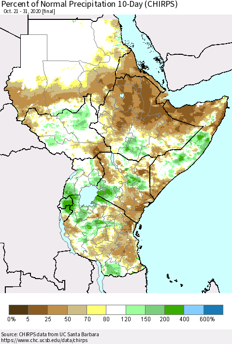 Eastern Africa Percent of Normal Precipitation 10-Day (CHIRPS) Thematic Map For 10/21/2020 - 10/31/2020