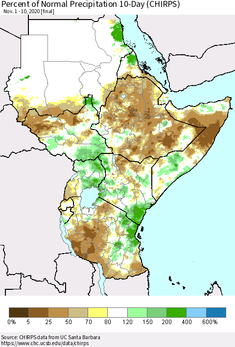 Eastern Africa Percent of Normal Precipitation 10-Day (CHIRPS) Thematic Map For 11/1/2020 - 11/10/2020