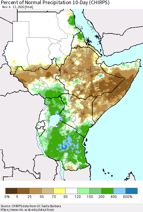 Eastern Africa Percent of Normal Precipitation 10-Day (CHIRPS) Thematic Map For 11/6/2020 - 11/15/2020