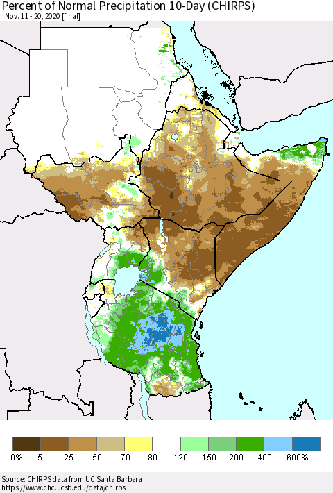 Eastern Africa Percent of Normal Precipitation 10-Day (CHIRPS) Thematic Map For 11/11/2020 - 11/20/2020