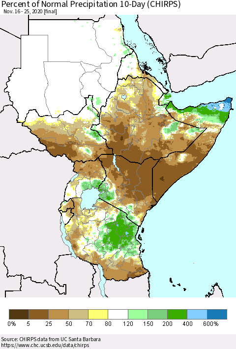 Eastern Africa Percent of Normal Precipitation 10-Day (CHIRPS) Thematic Map For 11/16/2020 - 11/25/2020