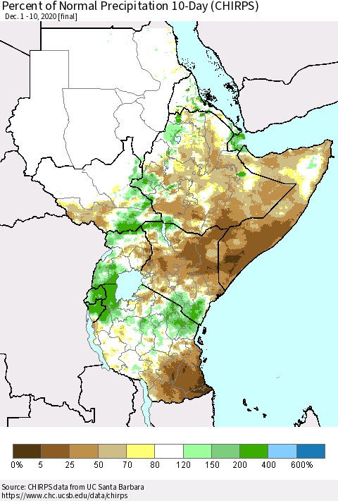 Eastern Africa Percent of Normal Precipitation 10-Day (CHIRPS) Thematic Map For 12/1/2020 - 12/10/2020