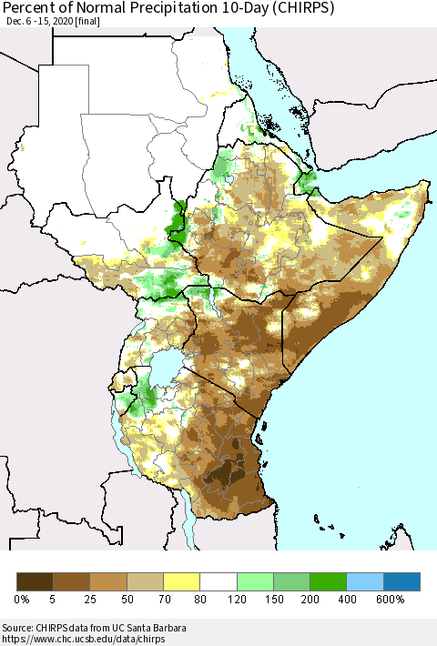 Eastern Africa Percent of Normal Precipitation 10-Day (CHIRPS) Thematic Map For 12/6/2020 - 12/15/2020