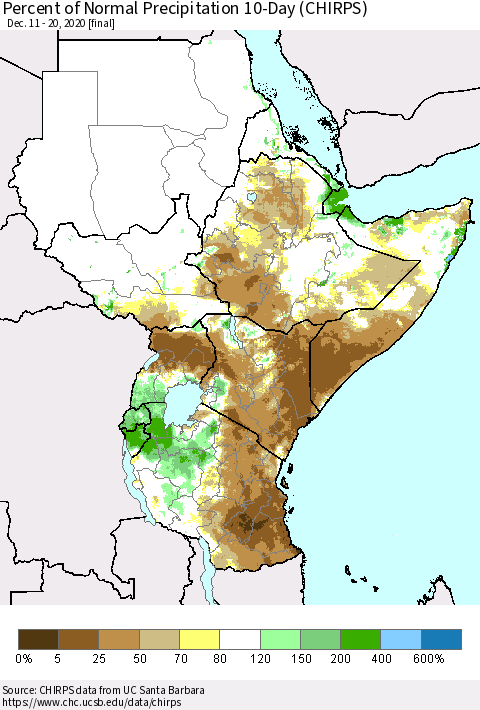 Eastern Africa Percent of Normal Precipitation 10-Day (CHIRPS) Thematic Map For 12/11/2020 - 12/20/2020