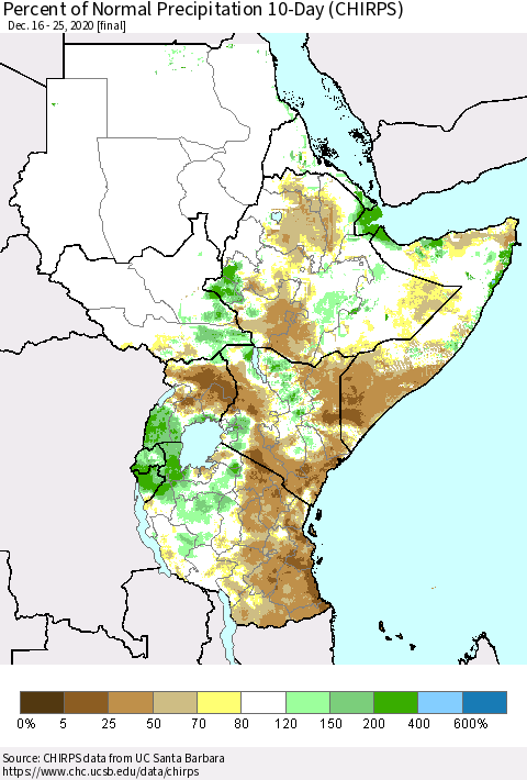 Eastern Africa Percent of Normal Precipitation 10-Day (CHIRPS) Thematic Map For 12/16/2020 - 12/25/2020