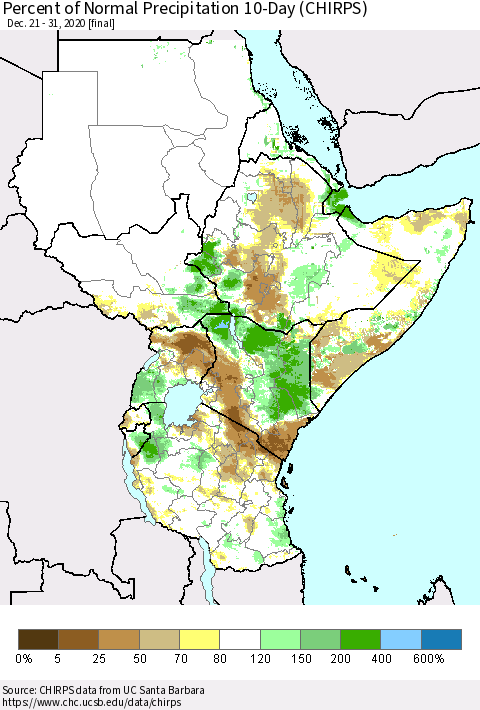 Eastern Africa Percent of Normal Precipitation 10-Day (CHIRPS) Thematic Map For 12/21/2020 - 12/31/2020