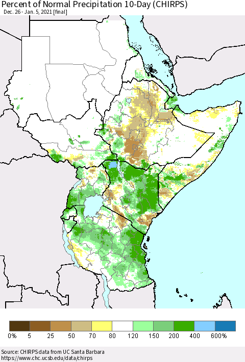 Eastern Africa Percent of Normal Precipitation 10-Day (CHIRPS) Thematic Map For 12/26/2020 - 1/5/2021