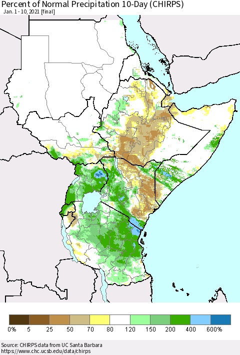 Eastern Africa Percent of Normal Precipitation 10-Day (CHIRPS) Thematic Map For 1/1/2021 - 1/10/2021