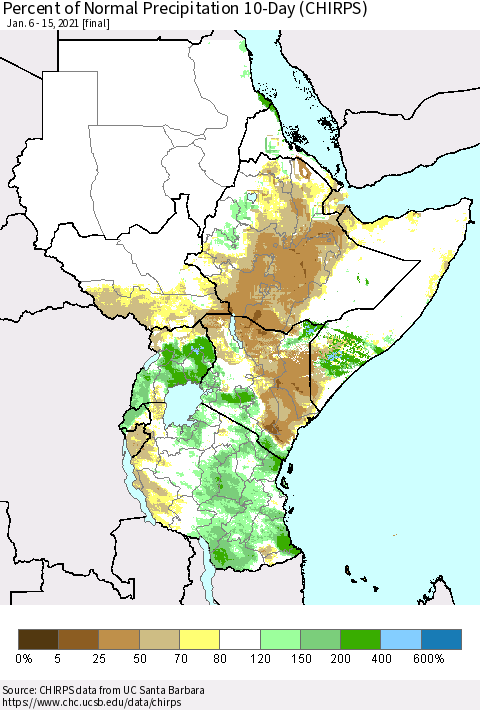 Eastern Africa Percent of Normal Precipitation 10-Day (CHIRPS) Thematic Map For 1/6/2021 - 1/15/2021