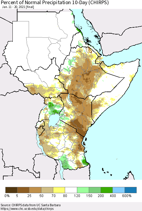 Eastern Africa Percent of Normal Precipitation 10-Day (CHIRPS) Thematic Map For 1/11/2021 - 1/20/2021