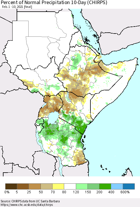 Eastern Africa Percent of Normal Precipitation 10-Day (CHIRPS) Thematic Map For 2/1/2021 - 2/10/2021