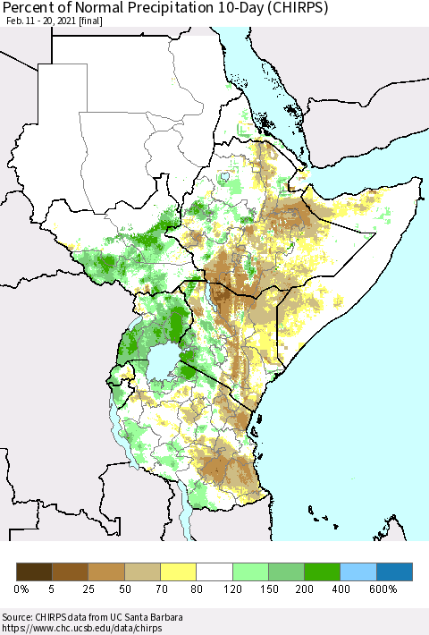 Eastern Africa Percent of Normal Precipitation 10-Day (CHIRPS) Thematic Map For 2/11/2021 - 2/20/2021