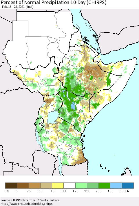 Eastern Africa Percent of Normal Precipitation 10-Day (CHIRPS) Thematic Map For 2/16/2021 - 2/25/2021