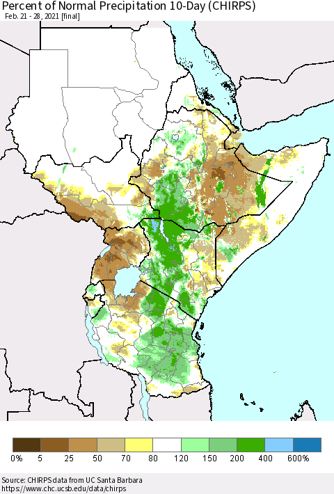 Eastern Africa Percent of Normal Precipitation 10-Day (CHIRPS) Thematic Map For 2/21/2021 - 2/28/2021