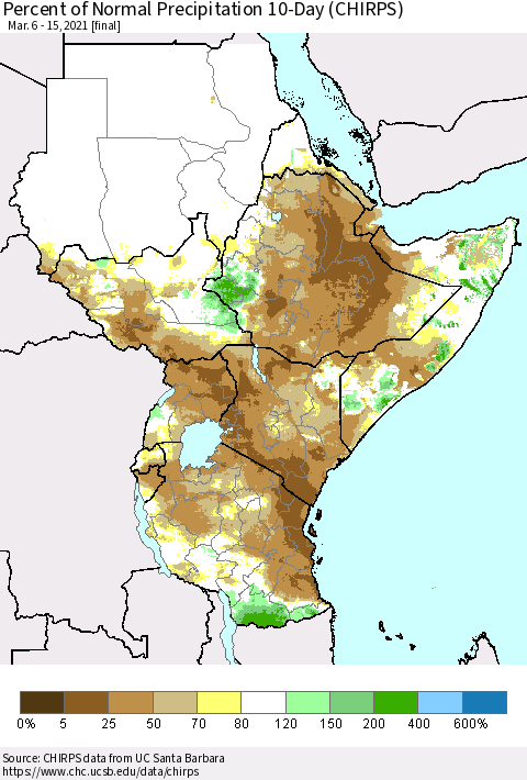 Eastern Africa Percent of Normal Precipitation 10-Day (CHIRPS) Thematic Map For 3/6/2021 - 3/15/2021