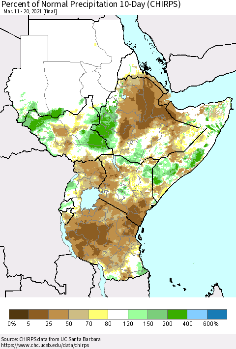 Eastern Africa Percent of Normal Precipitation 10-Day (CHIRPS) Thematic Map For 3/11/2021 - 3/20/2021