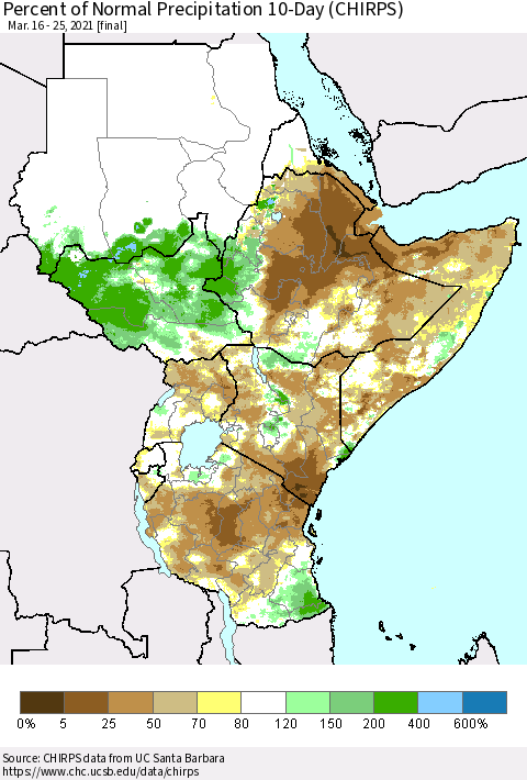Eastern Africa Percent of Normal Precipitation 10-Day (CHIRPS) Thematic Map For 3/16/2021 - 3/25/2021