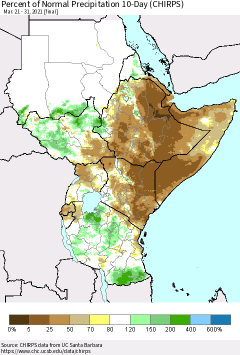 Eastern Africa Percent of Normal Precipitation 10-Day (CHIRPS) Thematic Map For 3/21/2021 - 3/31/2021