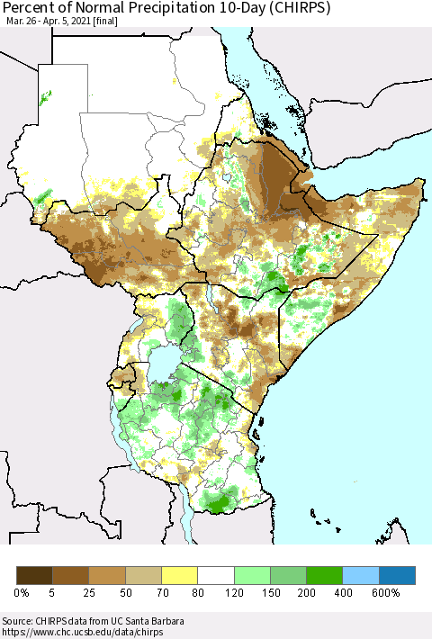 Eastern Africa Percent of Normal Precipitation 10-Day (CHIRPS) Thematic Map For 3/26/2021 - 4/5/2021