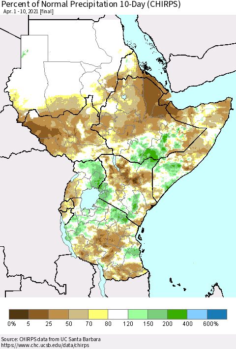 Eastern Africa Percent of Normal Precipitation 10-Day (CHIRPS) Thematic Map For 4/1/2021 - 4/10/2021
