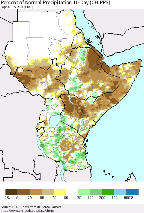 Eastern Africa Percent of Normal Precipitation 10-Day (CHIRPS) Thematic Map For 4/6/2021 - 4/15/2021