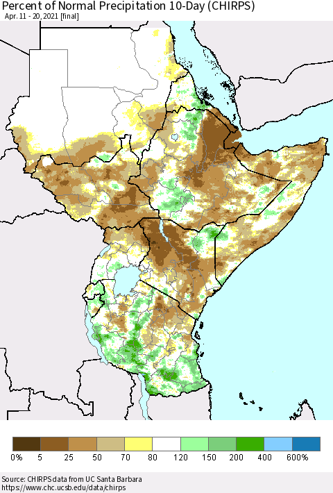 Eastern Africa Percent of Normal Precipitation 10-Day (CHIRPS) Thematic Map For 4/11/2021 - 4/20/2021