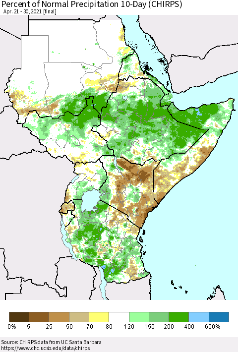 Eastern Africa Percent of Normal Precipitation 10-Day (CHIRPS) Thematic Map For 4/21/2021 - 4/30/2021