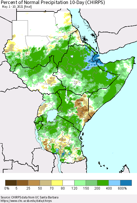 Eastern Africa Percent of Normal Precipitation 10-Day (CHIRPS) Thematic Map For 5/1/2021 - 5/10/2021